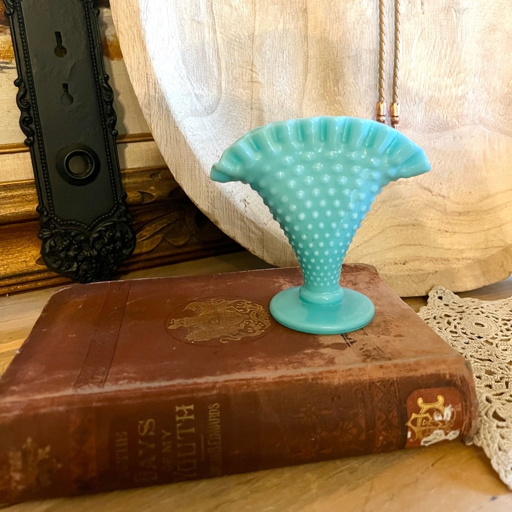 Fenton Turquoise Hobnail Milk Glass Mini Fan Vase - Mid Century Decor 1950’s